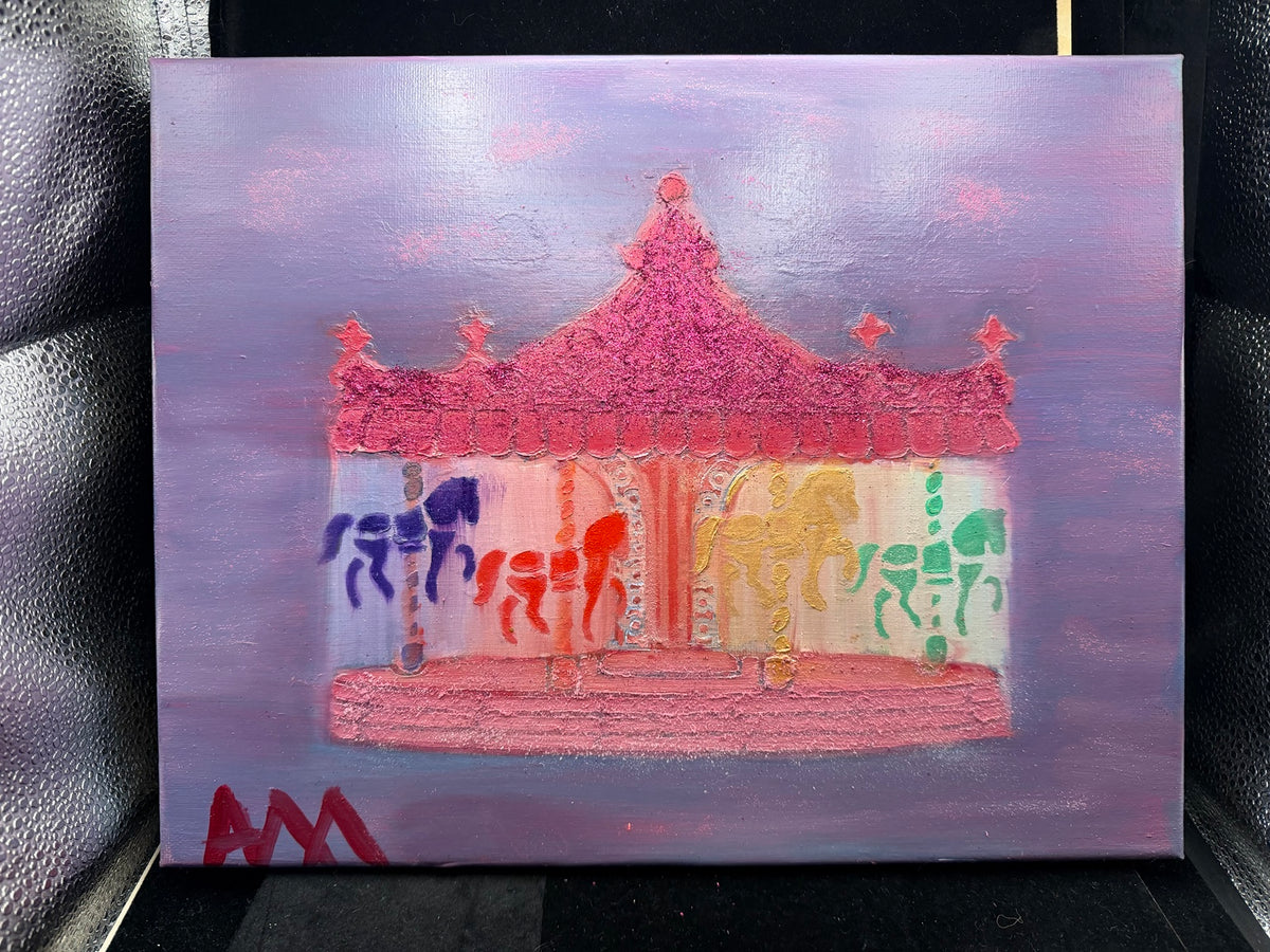 Carousel with Glitter original painting showing lavender background and textured pink roof
