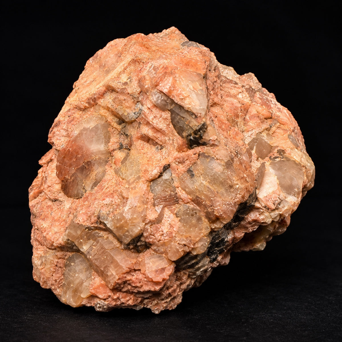 DP-PEG-01 Dragonfly Portal pegmatite specimen with salmon-pink feldspar, quartz and dark mineral inclusions