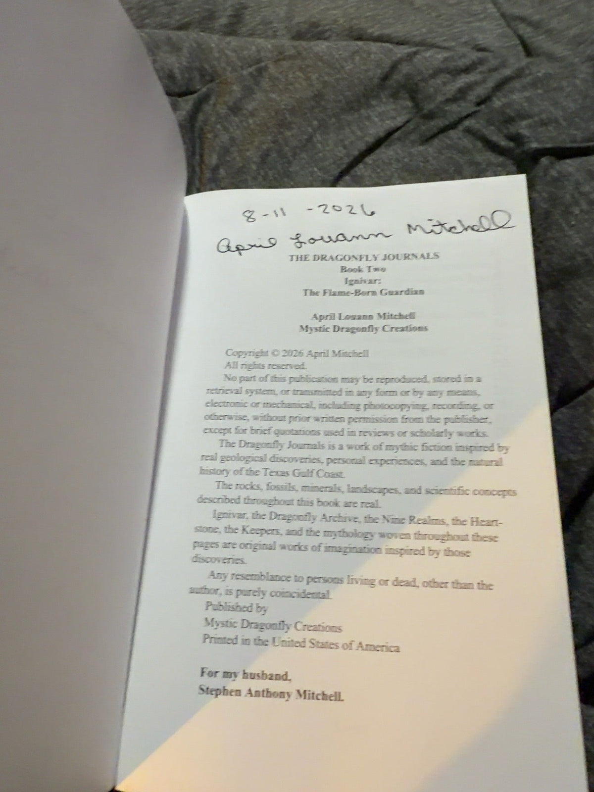 Signed interior page of Ignivar: The Flame-Born Guardian by April Louann Mitchell