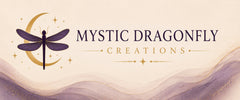 Mystic Dragonfly Creations horizontal header banner with purple dragonfly, gold crescent moon, stars, and business name